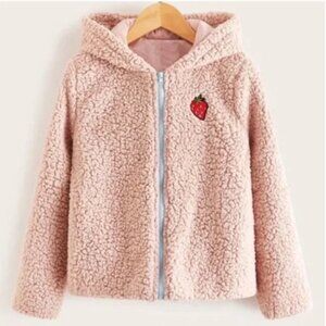 NWT Hayden Girls Pink Fleece Hooded Jacket with Strawberry Patch